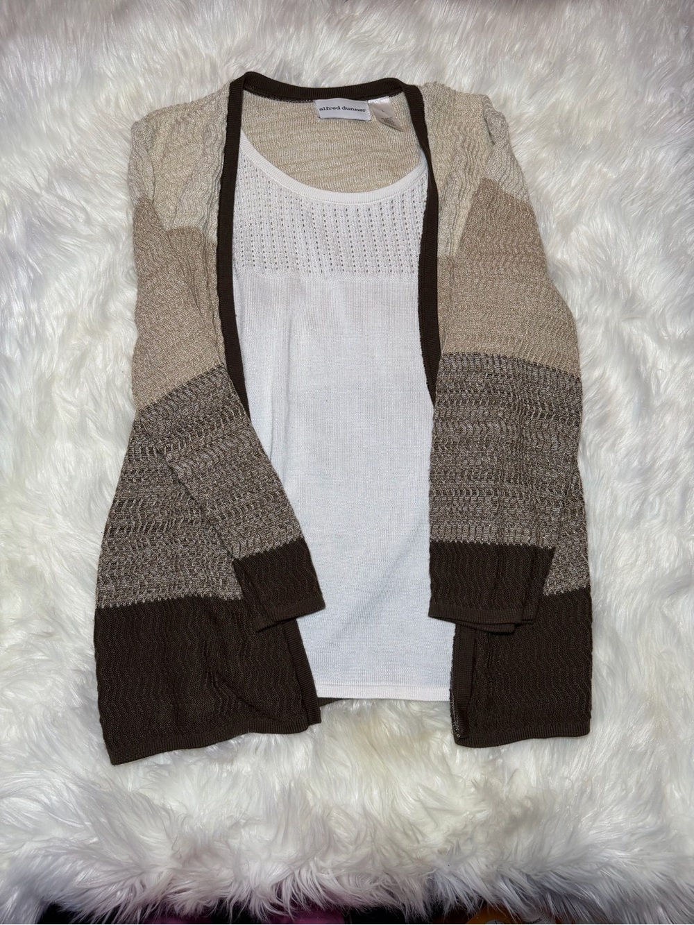 Alfred Dunner Women’s Large Beige, Tan & Brown Striped Open Cardigan Sweater